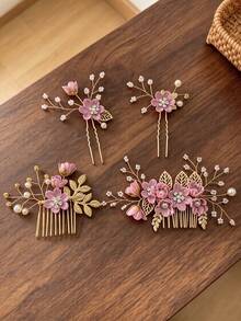 4pcs Fabric Floral Rhinestone & Pearl Beaded Hair Sticks Set, Bridal Headpiece, Wedding Banquet Updo Hair Accessories Set, Luxury Style - Multicolor - View 7