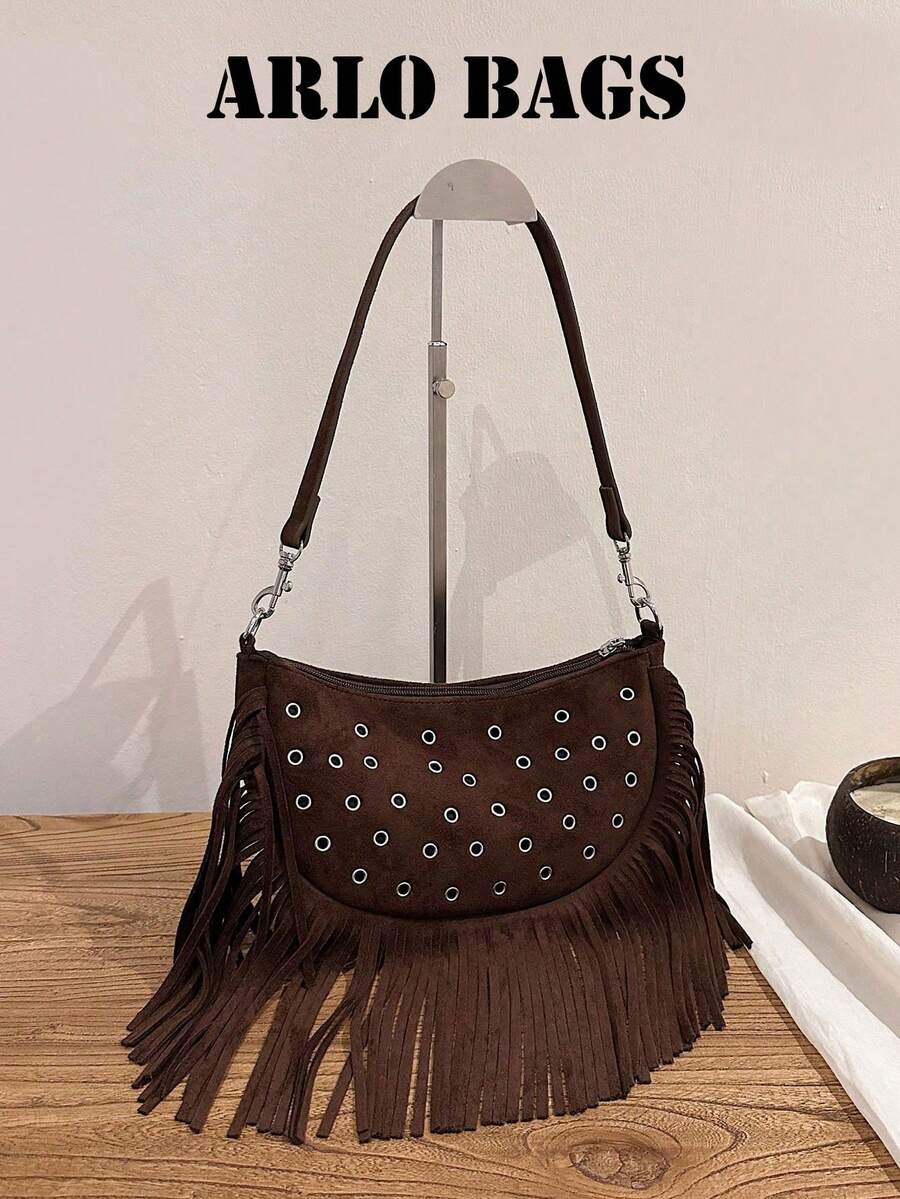Shoulder Bag With Tassel And Metal Ring Hole Decor, Adjustable And Detachable Shoulder Strap, Zipper Closure, Western Vintage Hippie Style, Crescent Underarm Bag, Suitable For Travel, Street Photography, Daily Outings, Niche Shoulder Bag, Strong Style Atmosphere, Portable Storage, Influencer Personalized Accessory Item - Coffee - View 1