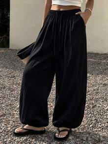 Women's Summer New Cuffed Pants With Elastic Waist And Drawstring, Loose Drape Casual Trousers, Lightweight Breathable Slouchy Long Pants - Black - View 10