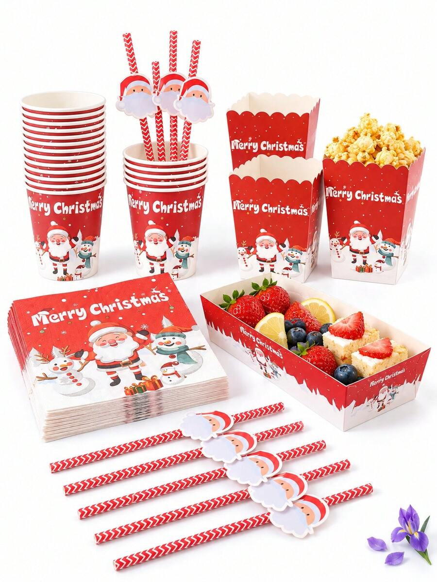 24/48PCS Disposable Paper Party Tableware Set, Red Santa Claus, Snowman And Gift Print, Suitable For Christmas Party, Christmas Eve Gathering, Family Celebration, Office Party, Winter Event, New Year Celebration And Holiday Table Decor - Multi-color 3 - View 1