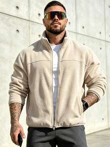 Men's Fleece Casual Solid Color Long Sleeve Jacket, Versatile Autumn/Winter Fleece Coat - Apricot - View 4