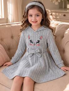 Young Girls Cute Cat Embroidery Patchwork Solid Color Long Sleeve Hooded Fuzzy Sweater Dress With Belt - Grey - View 1