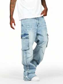 Men's Y2K Light Wash Blue Fashion Button Hem Loose Fit Streetwear Multi-Pocket Cargo Denim Jeans - Light Wash - View 3