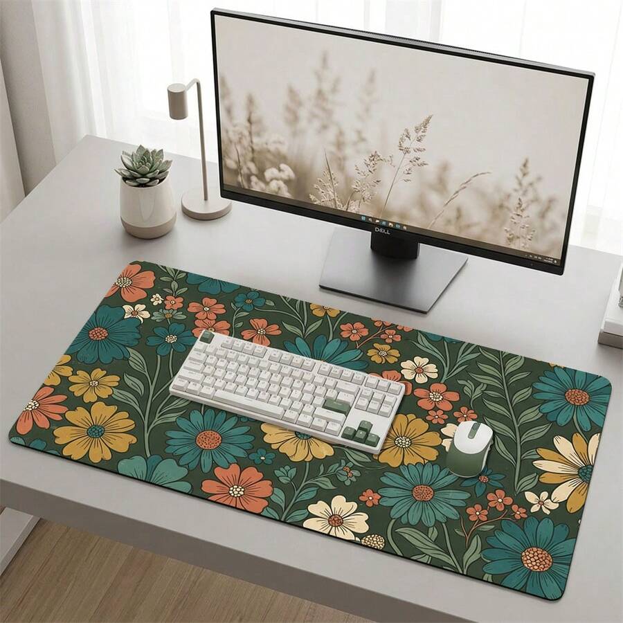 Green Floral Extra Long Mouse Pad, Gaming Office Home Art Design, Gift For Friends And Family, Rubber Base, PC Laptop Study Desk Mat, Multiple Sizes, Computer Keyboard Pad, Non-Slip And Smooth - View 1