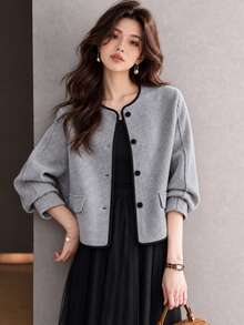 YUXIN Women's Elegant Round Neck Short Jacket, Black Trim, Front Button Closure, Patch Pockets, Loose Balloon Sleeves, Fashion Outerwear, Suitable For Office, Autumn/Winter Wear - Grey - View 6