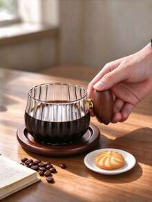 1pc Transparent/Grey Wooden Handle Glass Cup, Glass Coffee Cup & Saucer Set, Premium Afternoon Tea Set With Spoon, Fashion Style Coffee Glass Cup, Back To School Essential - Multicolor - View 4
