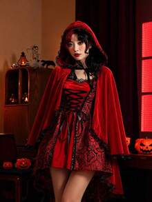 This 60,80100 Cm Little Red Riding Hood Cosplay Red Hooded Cape Is A Lace Edged Short Cape For Christmas Performances, With A Red Hooded Cape Wrapped In Lace, Suitable For Halloween And Christmas, And Belongs To The Classic Fairy Tale Theme Clothing - Multicolor - View 8
