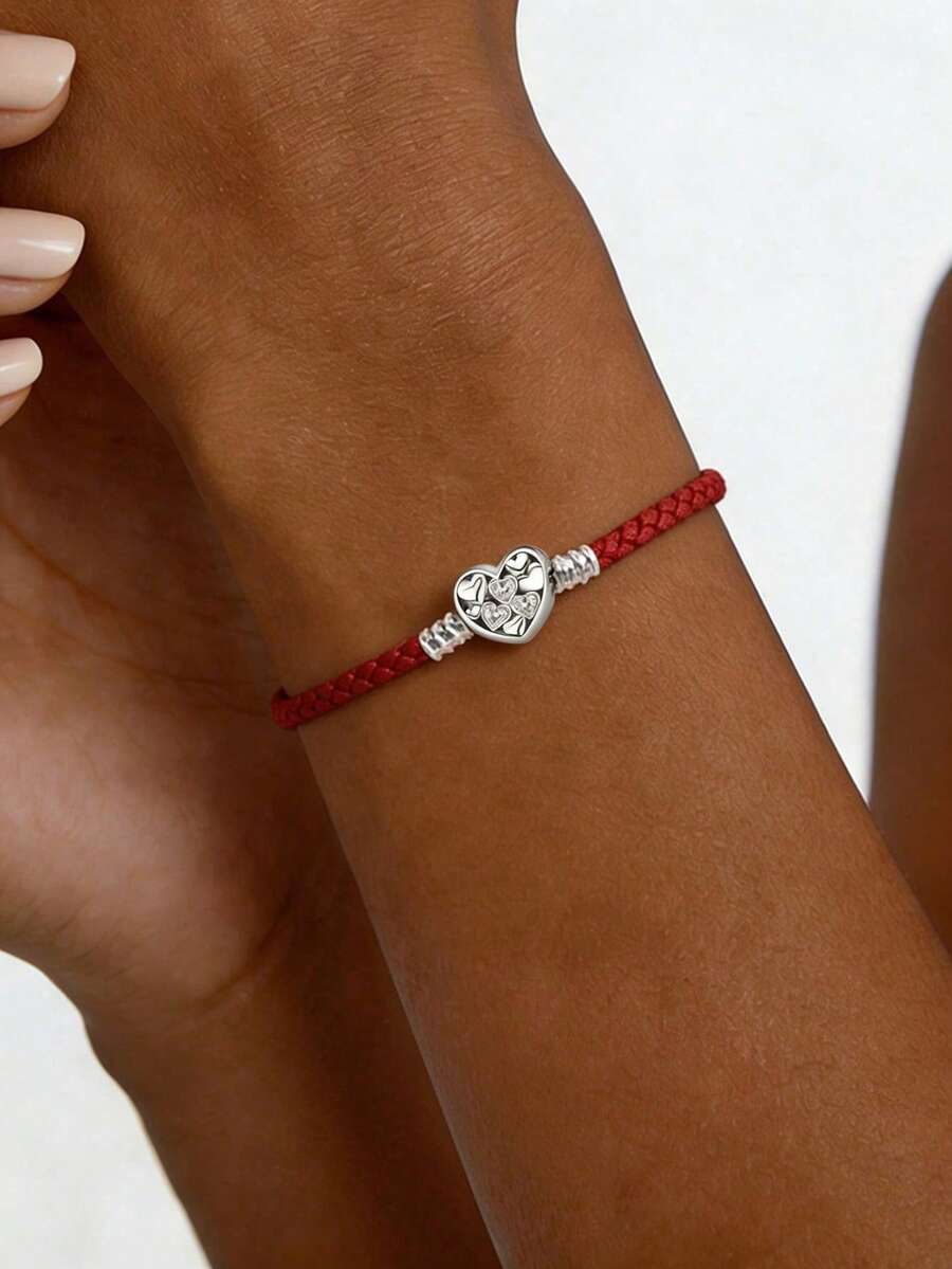 1pc Heart-Shaped Red Leather Cord Bracelet, Women's Daily Wear And Vintage Party Accessory, High-Quality Jewelry Gift - Red Leather Heart to Heart Basic Chain - View 1