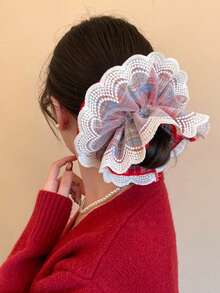 1pc Sweet Plaid Heart Print Lace Trim Ruffle Layered Hair Scrunchie, Elegant Women Girls Hair Accessory - Multicolor - View 4