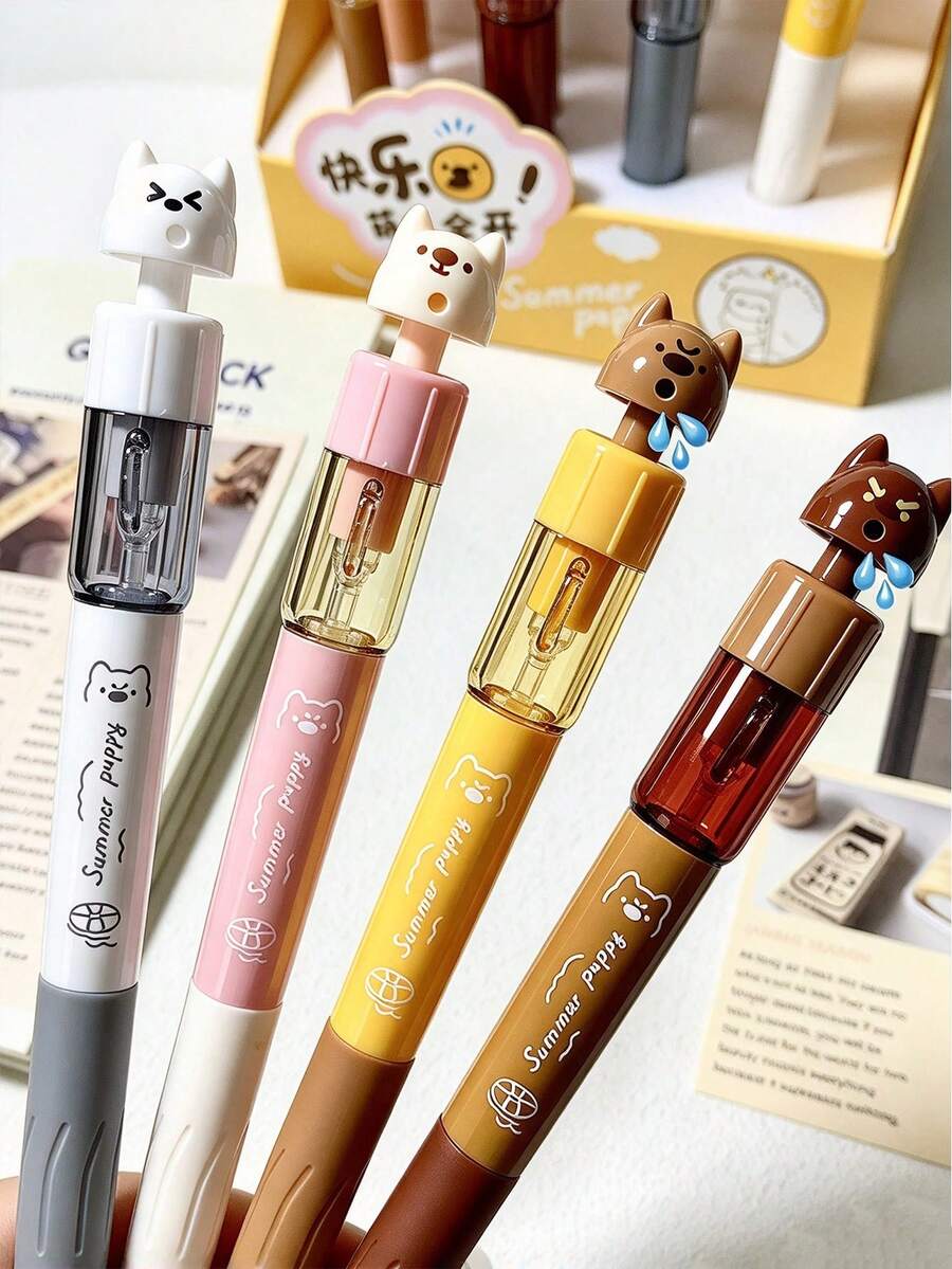 4/1pc Cartoon Puppy Water Gun Rotating Neutral Pen, Highly Attractive Creative Stress Relief Pen, Student Quick-Dry Smooth Black Ink Pen For Daily Practice, Classroom Notes, Homework Writing, Exam Writing, Journaling, Note Decoration, Classmate Gift, Back To School Prize, Birthday Small Gift - Multicolor - View 1