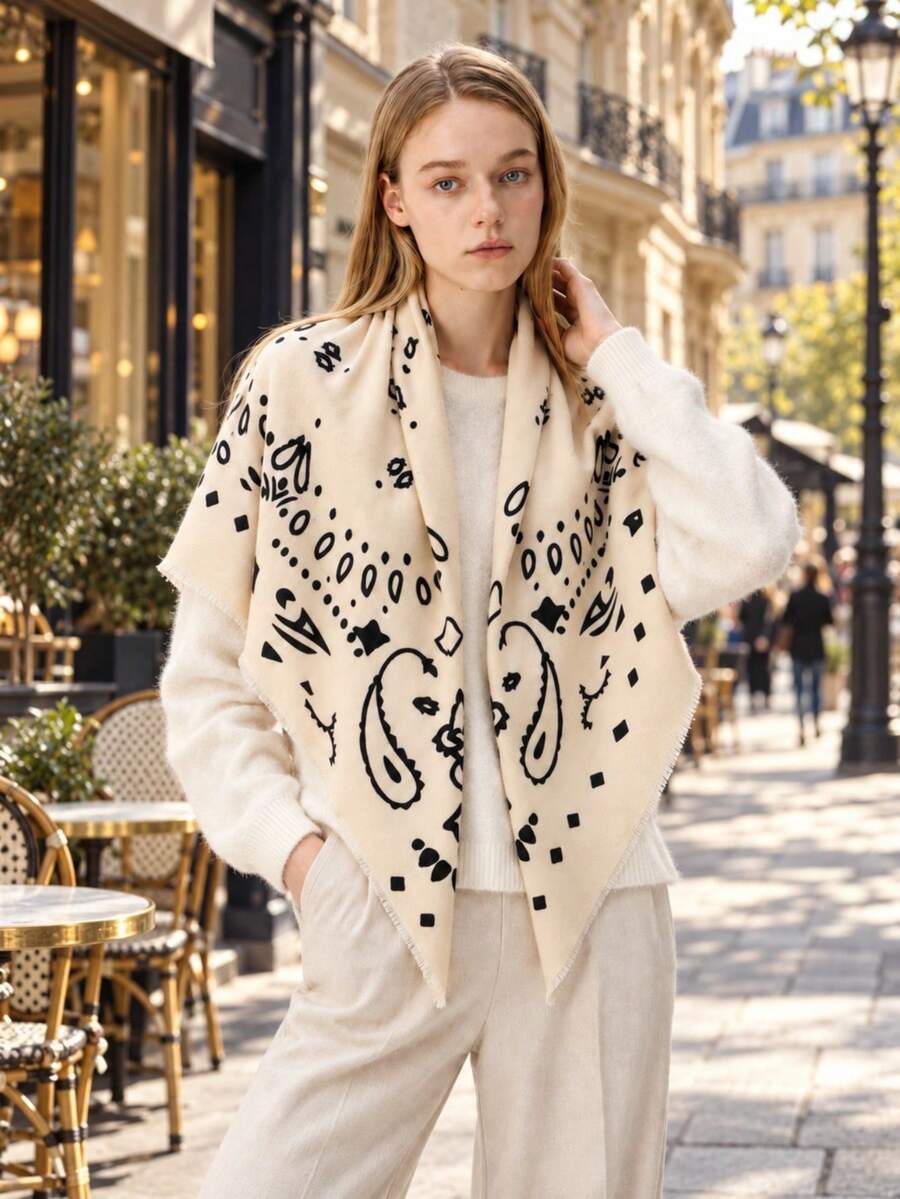 1 st elegant kvadratisk sjal/scarf för dam i polyester med paisleymönster, mode för alla säsonger och dagligt bruk - Beige - Visa 1