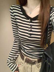 Women's Striped Henley Neck Long Sleeve T-Shirt, Casual Cotton Button-Up Top - Grey and Black - View 1