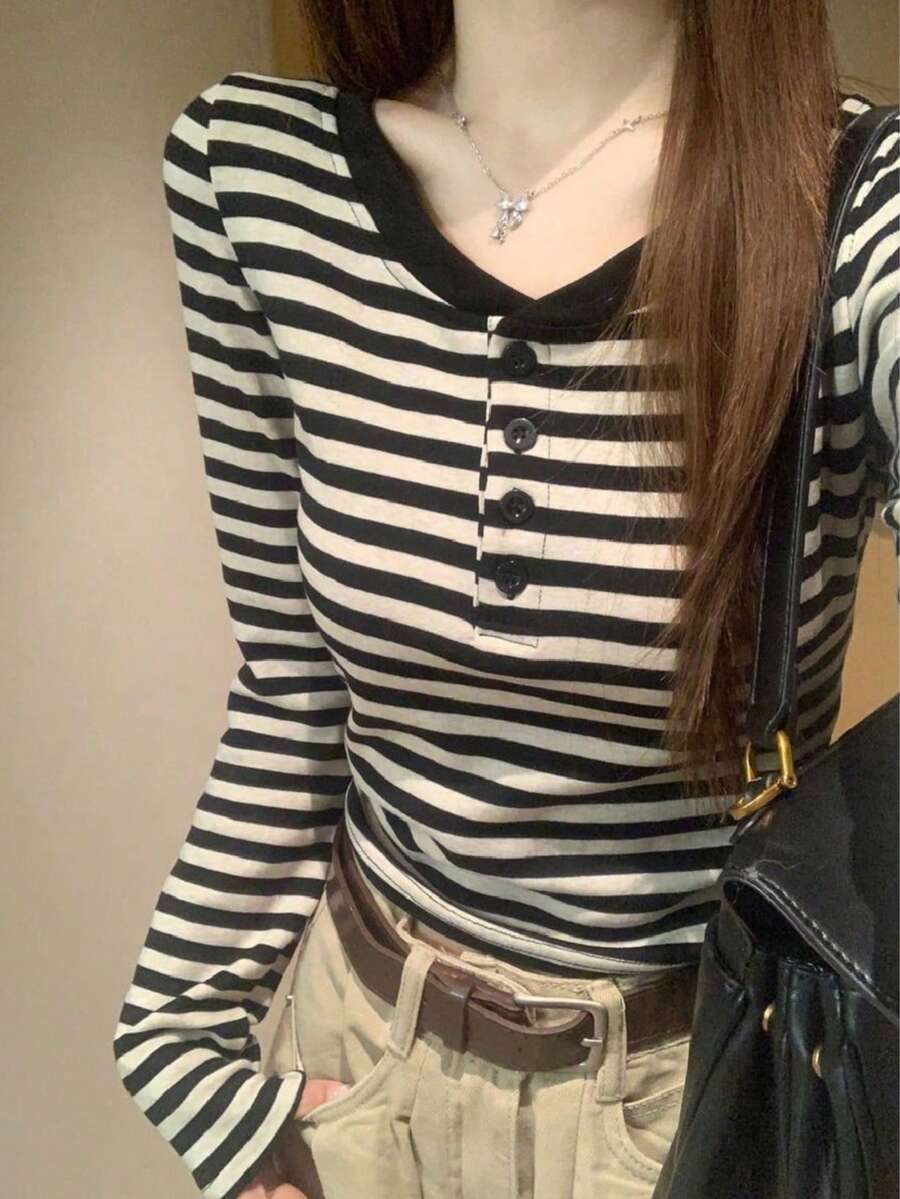Women's Striped Henley Neck Long Sleeve T-Shirt, Casual Cotton Button-Up Top - Grey and Black - View 1