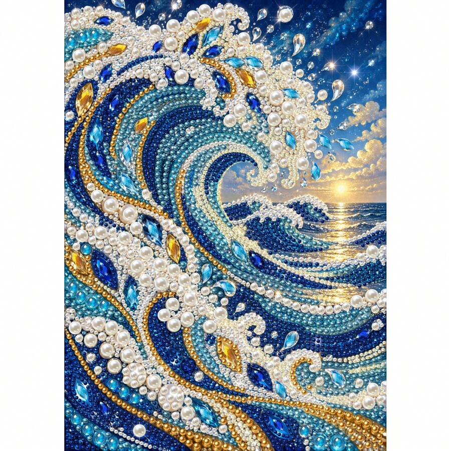 DIY 5D Special Shaped Pearl Diamond Painting Kit, Blue Gold Rhinestone Pearl Feather With Fluid Marble Background Art Canvas, 30x40cm Frameless, Home Wall Decor, Handmade Gift - View 1