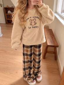 2pcs/Set Women's Long Sleeve Pants Loungewear Set, Cute Bear Embroidery Print, Bear Plush Round Neck Top, Comfortable Set With Plaid Straight Leg Pants, Suitable For Autumn/Winter - Apricot - View 4