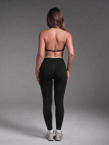 Ruched Butt-Lifting Tight Pants, Contrast Color Trim, High Elasticity, Seamless, Suitable For Sports And Daily Wear - Black - View 6