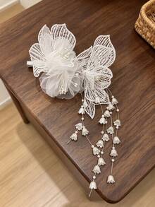 1pc White Embroidered Lace Chiffon Flower Beaded Hair Clip With Tassel Edge For Women, Back Of Head Updo Bridal Wedding Banquet Headpiece - Multicolor - View 8
