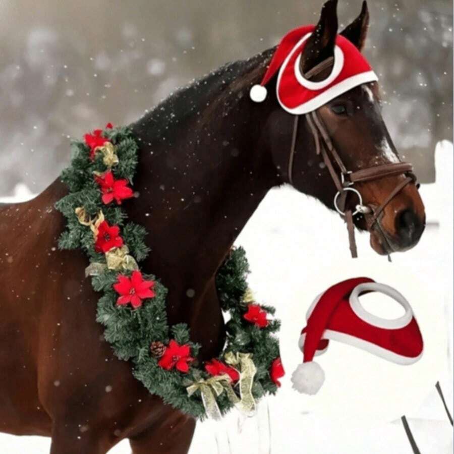 1pc Santa Hat - Soft Polyester Fiber Holiday Accessory For Horses - Red - View 1