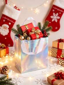 Rainbow Holographic Gift Bags 5 Pack, Reusable Medium Party Gift Bags And Birthday Tote Bags, 8x4x10 Inches - A - View 3