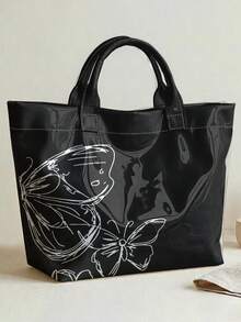 1pc Lavender Butterflies Print Glossy PVC Tote Bag,Large Capacity,Top Handle,For Beach,Commute & Daily Use,Versatile And Practical.Ideal Gift Item - Black - View 12