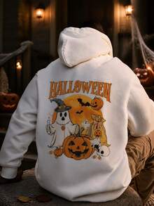 1 Pieza Sudadera con capucha para hombre con estampado de calabaza y fantasma, ropa cómoda y cálida, estilo casual callejero, ideal para fiesta de Halloween - Blanco - Ver 2