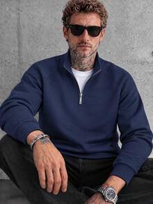 Men's Half-Zip Stand Collar Sweatshirt, Autumn/Winter Navy Blue Solid Color Raglan Sleeve Loose Casual Long Sleeve Pullover Top - Navy Blue - View 8