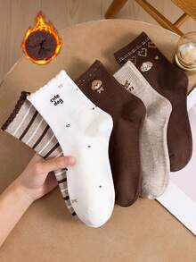 5 Pairs Women's Ankle Socks, Dark Brown & White Striped Mid-Calf Socks, Suitable For Home Use - Multicolor - View 1