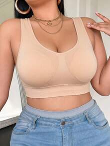 1Pc Plus Size Seamless Wireless Sports Bra Autumn Winter Thermal Racerback Lift Support Bralette Wide Strap Daily Basic Underwear - Apricot - View 4