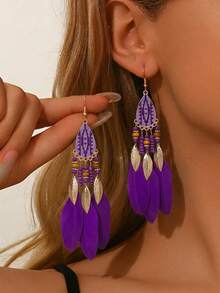 2pcs Bohemian Feather Tassel Earrings, With A Lively , Suitable For Island Vacations, Music Festivals, And Beach Gatherings - Multicolor - View 7