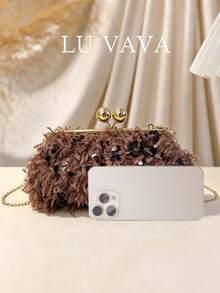 Fuzzy Sequin Coffee Brown Evening Clutch/Ball Party Handbag/Wedding/Prom/Fluffy Clutch/Kiss Lock Clutch/Feather-Look Clutch/Formal Event Bag - Brown - View 5