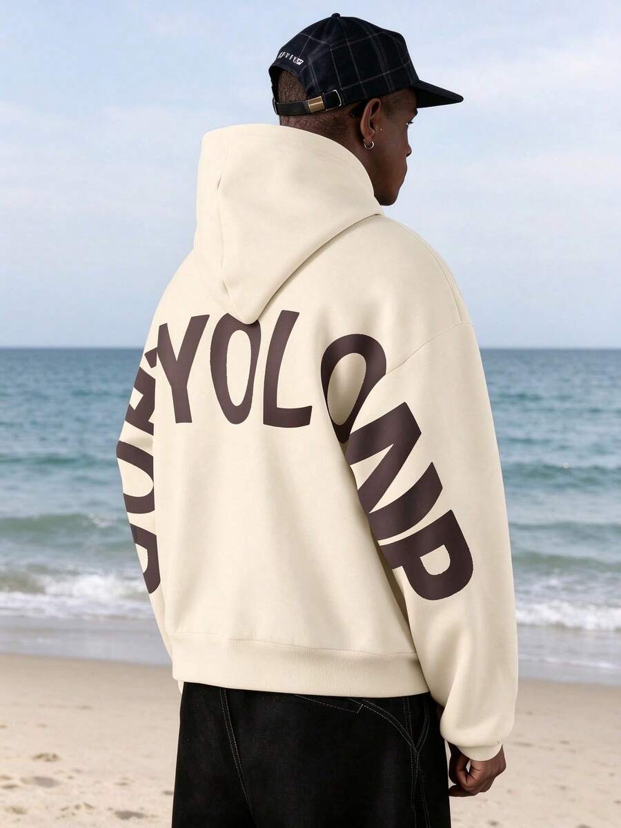 Camvyn Men's Letter Print Long Sleeve Pocket Drawstring Hoodie Sweatshirt, Casual For Autumn/Winter - Apricot - View 1