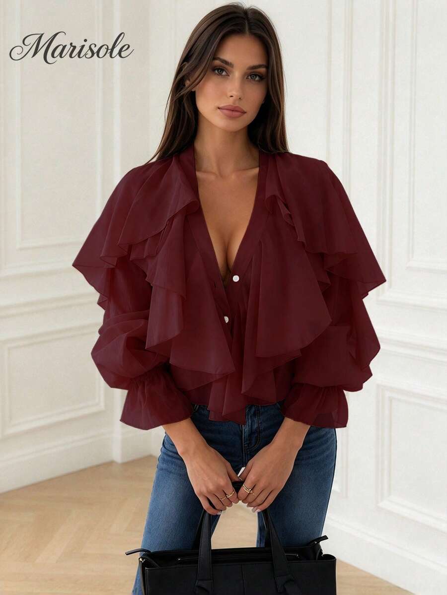 Women's V-Neck Lantern Sleeve Ruffle Button Decor Loose Chiffon Blouse, Fashion Sexy Casual Semi-Sheer Bohemian Style Beach Top, Suitable For Spring, Autumn, Summer - Red - View 1