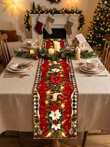 1pc Christmas Red & Gold Rectangular Table Runner, Christmas Floral With Reindeer, Bells, Candy Cane Or Nutcracker Print, Multiple Styles Available, Suitable For Dining Table, Coffee Table, Sideboard And Christmas Home Party Decoration - A - View 18
