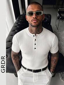 GRDR Men's Summer Henley Neck Striped Knit Short Sleeve Shirt, Suitable For Minimalist Versatile Tops - White - View 1