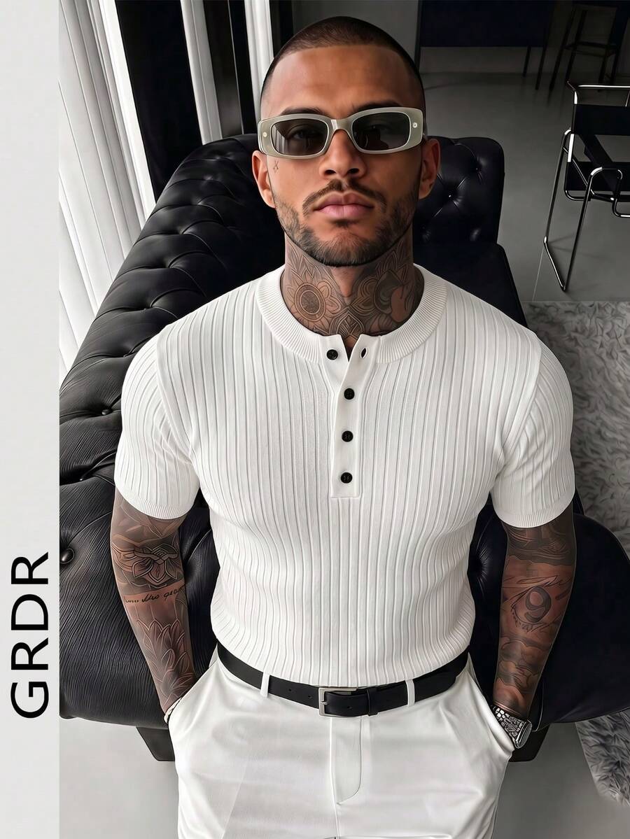 GRDR Men's Summer Henley Neck Striped Knit Short Sleeve Shirt, Suitable For Minimalist Versatile Tops - White - View 1