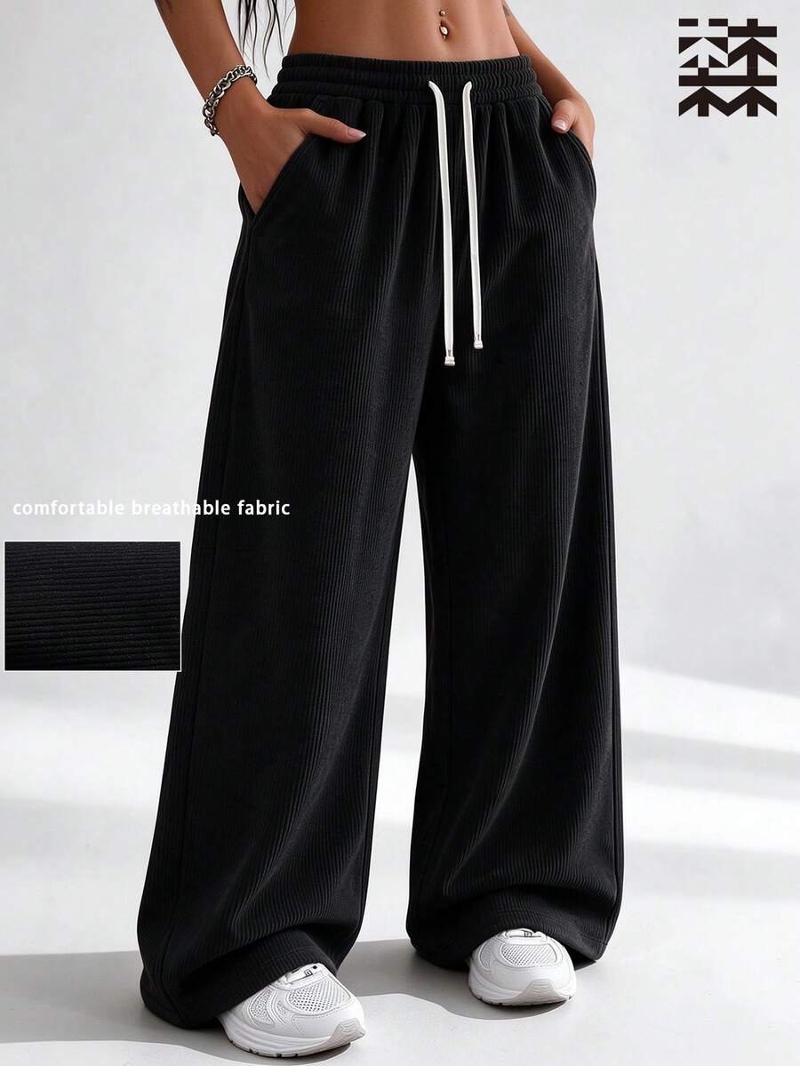 mulinsen Women's Sports Sweatpants, Vertical Textured Drawstring Loose Fit, Fitness Running Casual Everyday - Black - View 1