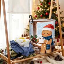 1PC Watercolor Style Christmas Gingerbread Man Round Storage Bucket, Cute Holiday Decor Organizer Basket With Handles, Perfect For Candy Snack Toy Gift Storage On Kitchen Shelf, Bathroom Counter, Bedside Table, Winter Xmas Hostess Gift - Multicolor - View 3