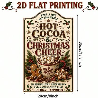 1pc "Hot Cocoa & Christmas Cheer" Metal Decorative Sign, Outdoor Wall Art (8" X 13.8"), Vintage Style Metal Plaque With Cocoa & Gingerbread Man Pattern, Vintage Beige/Red/Brown Color Scheme, Suitable For Kitchen, Coffee Bar & Home Decor, Great Gift For Friends & Family, 2D Flat Print