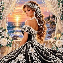 DIY 5D Special Shaped Pearl Diamond Painting Kit, Sunset Seaside Lady In Black Pearl Gown Pearl Crystal Rhinestone Art Canvas, 30x30cm Frameless, Home Wall Decor, Handmade Gift - View 8