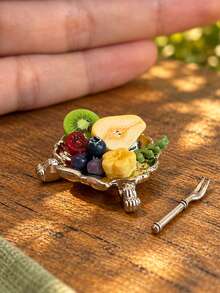 Miniature Fruit Platter Model, Silver Plate And Fork With Mixed Fruit Model Decor, Dollhouse Kitchen And Dining Room Scene Decoration - one-size - View 5