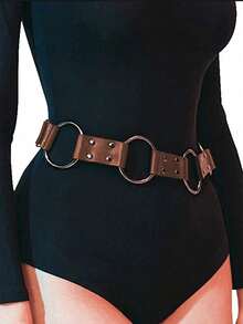1pc Women's Brown Punk PU Leather Multi-Ring Belt, Suitable For Halloween And Daily Commute - Coffee Brown - View 2
