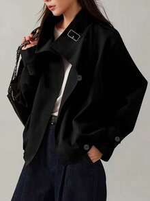 British Style Double-Breasted Stand Collar Short Trench Coat Jacket Casual Loose Utility Top - Black - View 3
