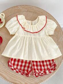 Summer New Baby Girl Outfit, Cute Girls Set, Ruffle Collar Short Sleeve Top + Red Plaid Shorts Set, Casual 2-Piece - Red - View 3