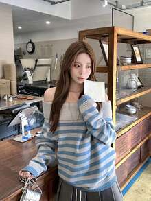 Korean Style Elegant Contrast Color Striped Off-Shoulder Knit Sweater, Autumn/Winter New Fashion Loose Versatile Base Layer Pullover (Random Stripes) - Color as Shown In Picture - View 2