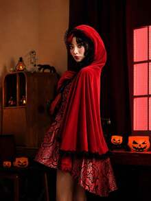 This 60,80100 Cm Little Red Riding Hood Cosplay Red Hooded Cape Is A Lace Edged Short Cape For Christmas Performances, With A Red Hooded Cape Wrapped In Lace, Suitable For Halloween And Christmas, And Belongs To The Classic Fairy Tale Theme Clothing - Multicolor - View 6