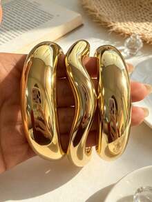 3件/1件裝復古誇張華麗女款金色圓形波浪CCB開口手鐲套組，適合女性日常、派對、度假、約會、婚禮、節慶穿搭，可疊戴，禮物首選 - 金色 - 查看 3