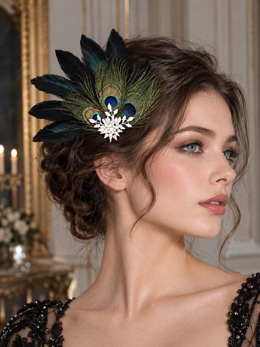 Vintage 1920s Peacock Feather Hair Clip,Rhinestone Decor Black Feather Barrette,Glamorous Hair Accessory For Women Cocktail Party Prom Wedding Costume - Multicolor - View 1