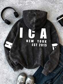 Women's Stylish Casual Hoodie – Letter-Print Pocket Hooded Jacket - Black - View 6