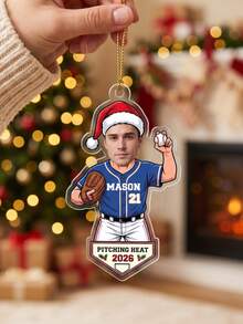 1pc Personalized Photo And Text Baseball Player Christmas Ornament, Custom Santa Hat Baseball Pitcher Ornamen,Baseball Player Keepsake Holiday Gift - Multicolor - View 2