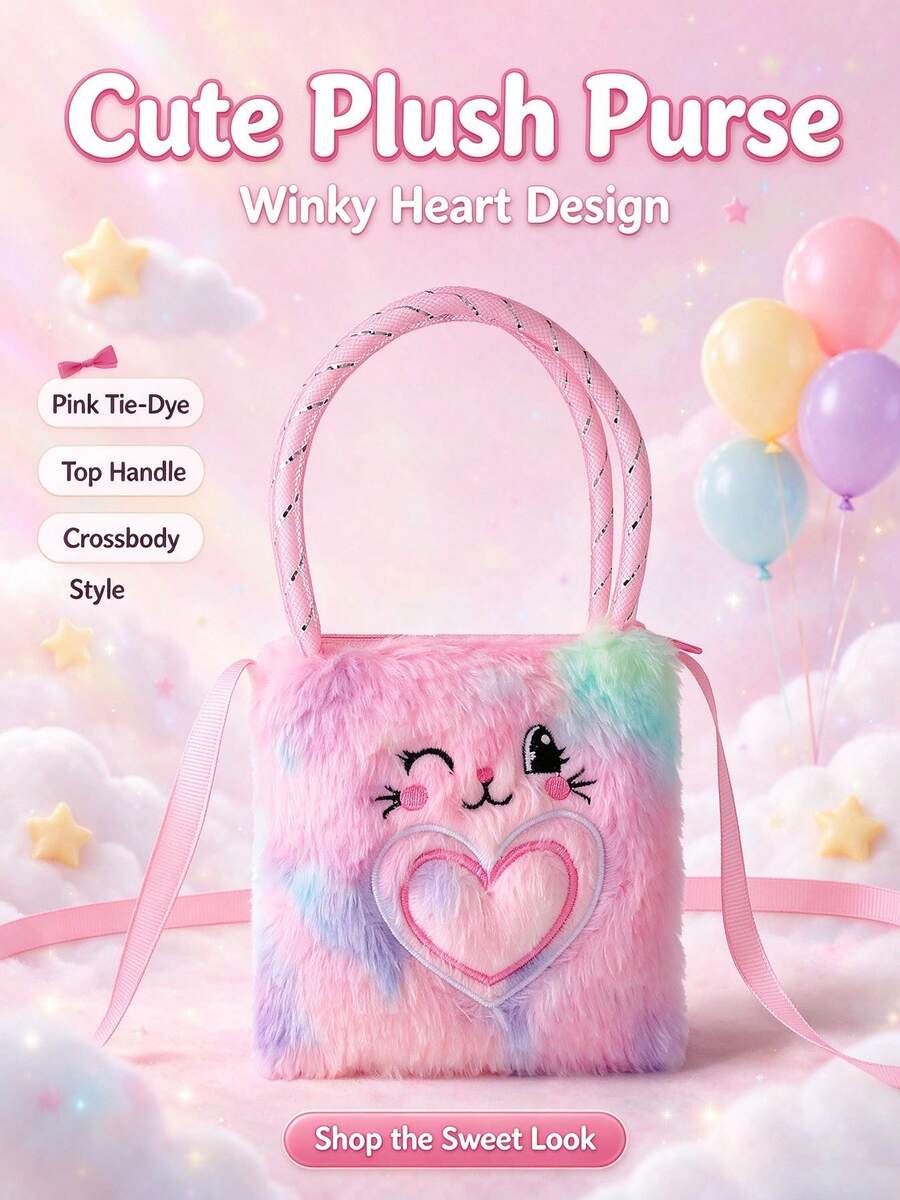 1pc Little Girl Winking Cat Heart Embroidery Tie-Dye Plush Portable Crossbody Handbag, Cute Style, Suitable For Daily, Party, Holiday - Multicolor - View 1